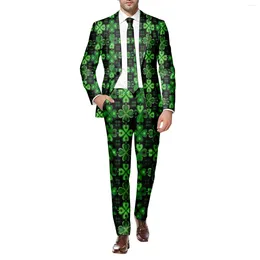 Herrenanzüge St-Patrick-Day Männlicher Langarmmantel und Hose Zweiteiliger Anzug Bedruckter Knopf Multitaschen Urlaub Terno Masculino