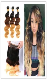 1B427 Honey Blonde Ombre 360 ​​Lace Frontal مع حزم 9A تجاه الموجة البرازيلية مع Frontal 360 Band Lace Closure6052696