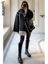 Women's Jackets Fashion Woolen Patchwork Tassel Scarf Women Single Breasted Pocket Coats 2024 Autumn Casual Long Sleeve Loose Streetwear