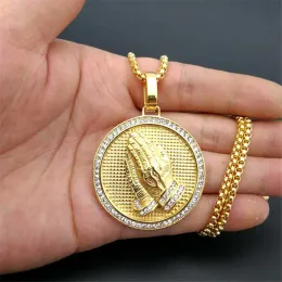 Hip Hop Iced Out Praying Hands Pendant Necklaces For Women And Men Golden Color 14k Yellow Gold Round Jewelry