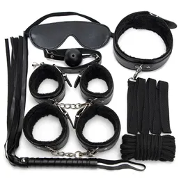 7 Pçs/set PU Couro Sexy Algemas Chicote Corda Produtos Sexy Rosa E Preto BDSM Bondage Brinquedos Sexuais Para Casais Acessórios Exóticos 240106