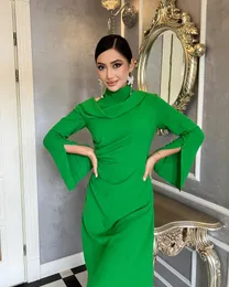 Eleganckie zielone sukienki wieczorowe Wysoka szyja Crepa pełne rękawy Linia Kostka na zamówienie dla kobiet formalne sukienki