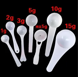 1G 2G 3G 5G 10G 15G Vit plast Mätskedskopa för mjölkpulver Tea Salt Rund Flat Bottom Medicin Mätskedar Tool