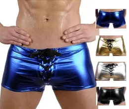 Badkläder grossalelatest heta sexiga män faux patent läder latex baddräkt låg midja dragkammare shorts shorts wetlook erotiska homosexuella män underwea