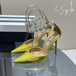 Aquazzura Sandals High Heels 10cm Rhinestone Big Pineapple Pump Pointed Toes Ankle Strap Stiletto Heel Party Shoes Shiny Gold Size EUR 35-43