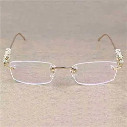 16% OFF Sunglasses Vintage Leopard Rimless Clear Stone Transparent Glasses Frame Luxury Eyewear Men Accessories Oculos Eyeglasses 6384Kajia New