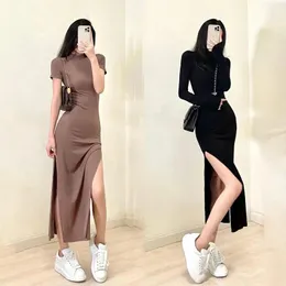 Klänning vintage rund hals smal kropp slits fisktail klänning kvinna sexig casual urbano midi svart wrap långärmad klänning klädrock longue femme