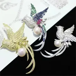 Pirmiana 2023 Elegant S925 Silver Three Colors Zircona 5A Gemstones Pearl Hummingbird Brosch Smycken för Woman Gift 240106