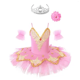 Scene Wear Girls Ballet Leotard Dress broderad Rhinestone paljetter Mesh Tutu Swan Dance Performance Costume Princess Cosplay Clothing