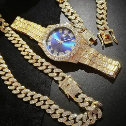Quarz Luxus Gold Sliver Uhr für Männer Full Iced Out Uhr Männer Bling Miami Kubanische Kette Strass Armband Halskette Schmuck set 240105