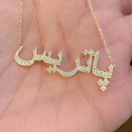 Custom Arabic Name Necklace Crystal Pendant Personalized Islamic Nameplate Gold Chain Stainless Steel Jewelry For Women 240106