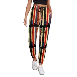 Damenhose, Bibliothek, Bücher, Jogger, weiblich, abstrakter Druck, elegante Jogginghose, Frühlingsdesign, Hippie-Hose in großen Größen, Geschenkidee