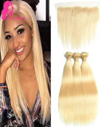 613 pacotes de cabelo humano loiro com orelha a orelha frontal cabelo reto brasileiro 3 pacotes com fechamento frontal de renda 13x4 100 strig9203698