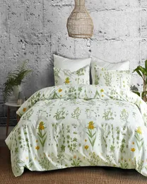 Conjunto de capa de edredom botânico, 23 peças, flores amarelas e folhas verdes, padrão floral, jardim, estampado, conjunto de cama 9172336