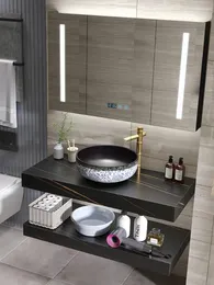 Banyo Lavabo Muslukları Dolap Kombinasyonu Çift Katmanlı Taş Plaka Washstand Retro Masa Havzası Yıkama