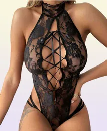 MIRABELLE Body a rete trasparente Lingerie sexy con reggicalze a catena Costumi erotici Maglia porno Body in pizzo Collant trasparenti T226314431