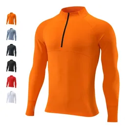 Camiseta esportiva masculina de secagem rápida, de alta qualidade, manga longa, corrida, academia, fitness, camisa de compressão, pulôver com zíper 240106