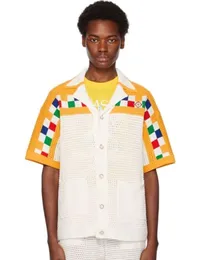 24SSカサブランカニューメンデザイナープルオーバーセーターニットボタンカーディガンルーズカラーブロック格子縞の刺繍ユニセックスホワイトウールセータートップトレンドショーツスーツ