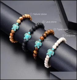 Charm Armband Sea Turtle Beads Strand Armband för kvinnor Män Classic Lava Stone Tiger Eye Turquoise Elastic Friendshi Dh25605295