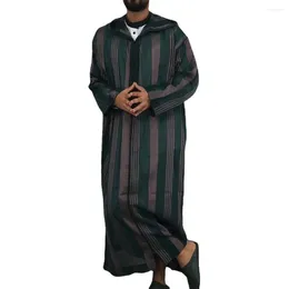 Abbigliamento etnico Uomini musulmani Abito a righe Con cappuccio Jubba Thobe Adulti islamici Kamis Homme Musulman Dubai Turchia Abito Abaya maschile Caftano saudita