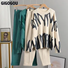 Gigogou oversized tie dye inverno malha duas peças conjunto feminino harem pant ternos blusas soltas jogging malha agasalho outfits 240106