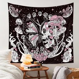 Estética de tapeçaria de borboleta, pintura abstrata de caveira, tapeçaria de parede vintage, decoração de quarto, arte de cogumelo rosa, presente de decoração de casa