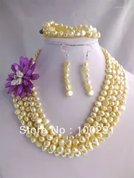 Halsbandörhängen Set Amazing Freshwater Yellow Pearl Flower Armband Smycken 18-23 "