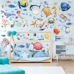 Adesivos de parede da vida marinha dos desenhos animados para quartos de crianças decoração de parede do banheiro tubarão medusa animais do mar diy decalques de parede para decoração de casa 240106