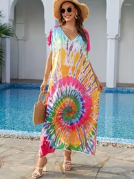 Damenbadebekleidung 2024 Boho Tie Dye Oversize Kaftan Strand Cover Up für Frauen Urlaub lässig lose lange Kleid Robe Beachwear Badeanzug Sarong