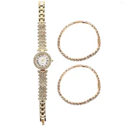 Armbanduhren 2 stücke Strass Uhr und Armband Set Glänzender Armreif für Weihnachtsfeier Geschenk Golden