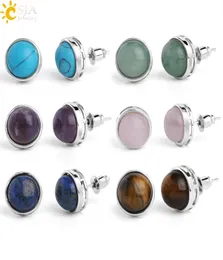 CSJA Natural Stone Round Stud Earrings Pink Quartz Tiger Eye Purple Crystal Silver Color Simple Ear Jewelry girl earring8166853