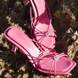 Dress Shoes Heart Shaped Crystal Embellished Candy Pink Sandals French Style Socialite Square Toe Open Thin Heel Strap High Heels