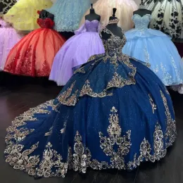 Quinceanera Blue Royal Dresses 레이스 아플리케 스트랩 주름 계층화 된 치마 스윕 트레인 달콤한 생일 파티 무도회 공식 이브닝 밴드