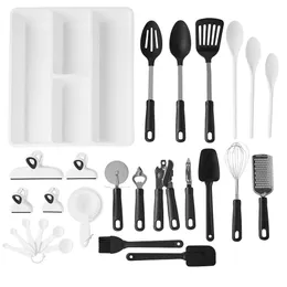 30-Piece Kitchen Gadget Set with Cooking Utensils, Measuring Cups, Clips, and Drawer Organizer, Black White