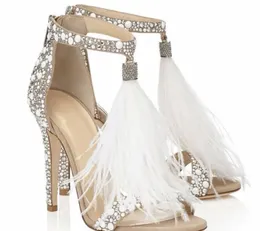 Het försäljning-het försäljning-ny modedesigner kvinnor skor med fjäder strass sommar sandaler höga klackar kristaller party brudskor