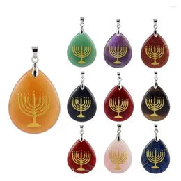 Pendant Necklaces Natural Stone Engrave Judaism Nine Candlestick Necklace Reiki Healing Crystal Water Drop Religious Jewelry