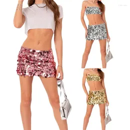 Vestidos de Trabajo Mujer Verano Brillante 2 Piezas Conjuntos de Trajes Sin Mangas Fuera del Hombro Mini Bandeau Tops Lentejuelas Falda Flaca