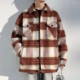 Herrjackor ebaihui American Retro Jacket Spring and Autumn Checkered Male Shirt Coat Loose Casual Lapel Långärmad ulltopp