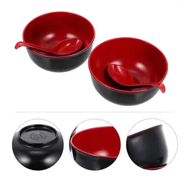 Dinnerware Sets 2 Set Japanese Ramen Bowl Melamine Noodle Soup Bowls With Spoon For Home Kitchen Restaurant ( Black Red )