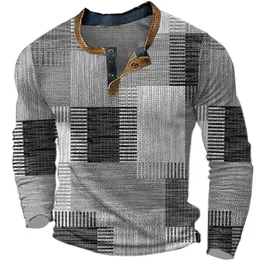 Herrar bomull t -skjorta grafisk färgblocktryck Henley skjorta överdimensionerade kläder utomhus avslappnad långärmad män knapp upp kläder 240106