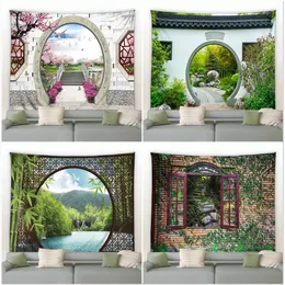 Chinesische natürliche Landschaft Tapisserie Retro-Stil 3D Bogen Tür grün Bambus Wandbehang Wandteppiche moderne Hintergrund Dekor Decke 240106