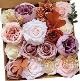Yan Dusty Rose Artificial Flowers Kombination Box für DIY Hochzeit Brautsträuße rosa Blume mit Stielen Arrangements Kuchendekor 240106