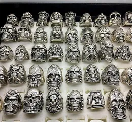 Men039s moda 50 peças lotes top mix estilo tamanho grande crânio esculpido motociclista banhado a prata anéis joias esqueleto anel7905299