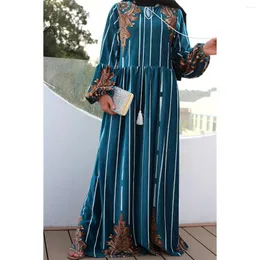 Ethnic Clothing Blue Long-sleeved Gold Velvet Printed Muslim Ladies Long Skirts Are Loose And Casual Abaya Femme.