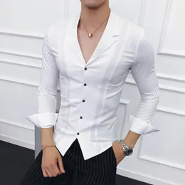 Roupas masculinas de alta qualidade primavera camisas de manga comprida/masculino com decote em v fino ajuste casual camisas de vestido de negócios plus size S-4XL 240106