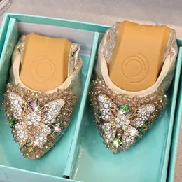 Fashion Ladies Women Frühling Sommerfaltbares Ballett Flats spitzte Zehen Strass Schlupf auf Ladungsanwälten lässige Schuhe Frau 240106