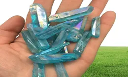 6 pçs azul titânio aura anjo varinha pontos natural cristal cru áspero cura topázio lemurian semente prisma cluster encantos stone4691634