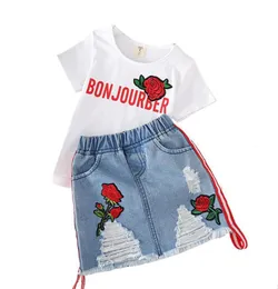 flickor kläder vit tshirt denim kjol 2st flickor passar nya sommar mode barn kläder brev tryckt blomma barn kläder se2538596