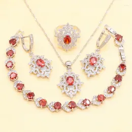 Комплект ожерелья и серег XUTAAYI из стерлингового серебра на свадьбу для женщин, браслет с красным цирконием, кулон, кольцо, подарочная коробка