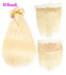 613 pacotes loiros com cabelo virgem peruano frontal loira 3 pacotes com fechamento remy em linha reta cabelo humano dhgate pacotes com fr9475786